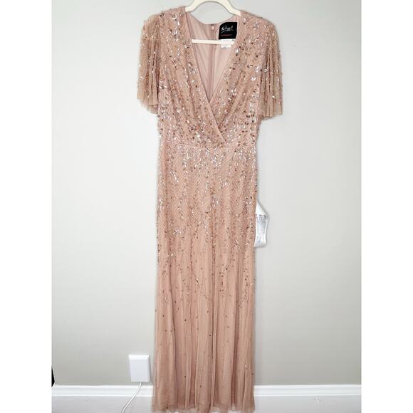 Mac Duggal 35109 Surplice Bodice Embellished Gown Flutter Sleeve Nude Size 8 - Picture 4 of 11